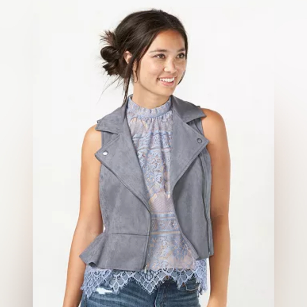 LC Lauren Conrad Faux-Suede Peplum Vest, Slate Color, Size 12.